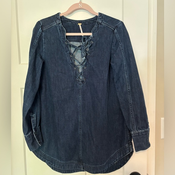 Free People Neapolitan Dreams Indigo Lace Up Denim Tunic Mini Dress‎ Size S - Picture 4 of 10